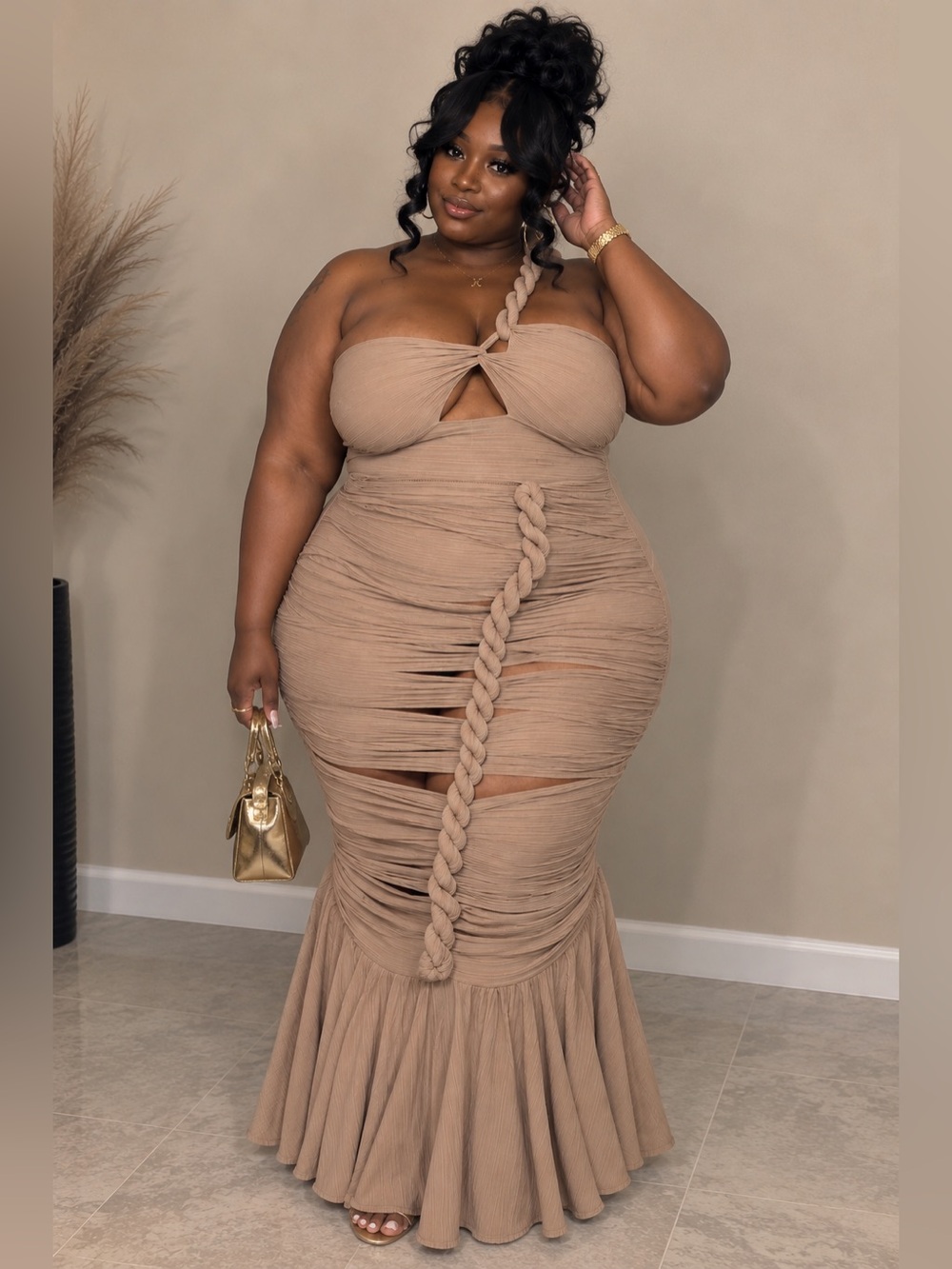 Fashion Nova Twist It Up Maxi Dress Taupe Plus Size 3X NWT